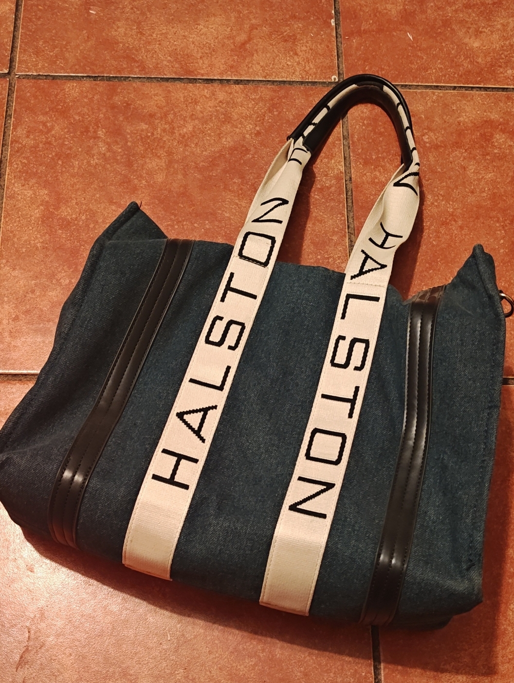 Halston Heritage Navy Canvas Duffel with Cream Branded Straps
